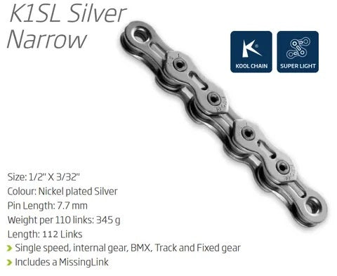 Kmc Chain K1sl Narrow 1/2"x3/32" Single Speed Silver